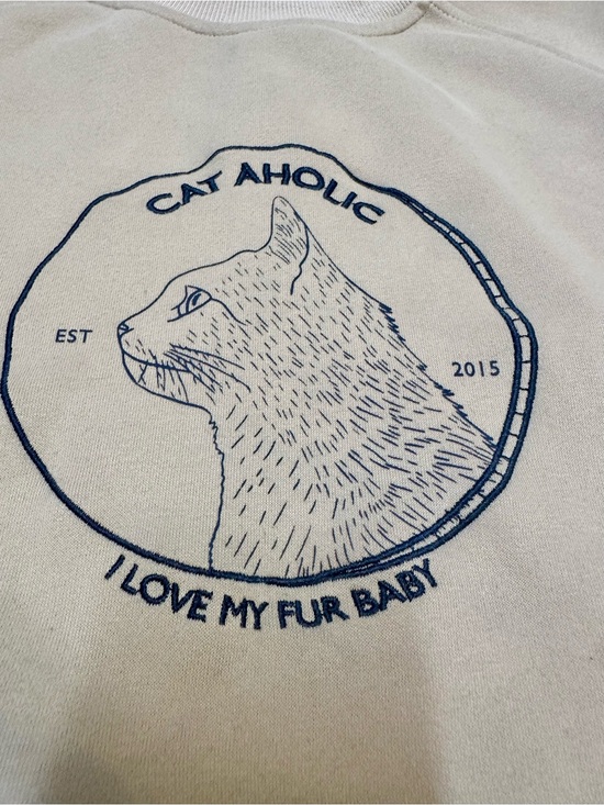 Tops - “Cat Aholic” Beige Embroidered Graphic Pet Crew Neck Sweatshirt, Small